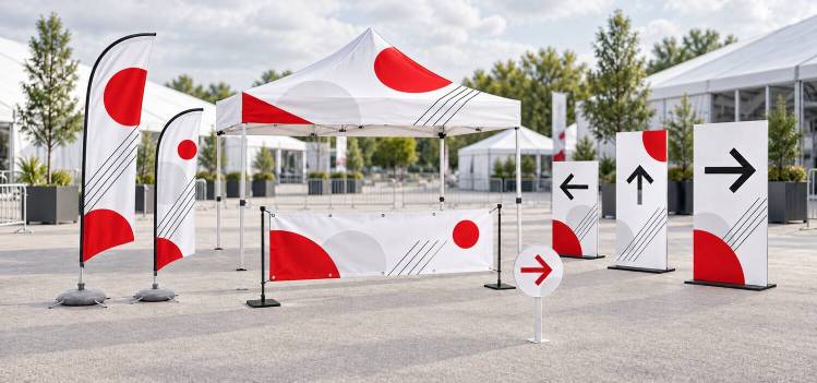 Signalétique de festival installée en extérieur avec tente, oriflammes, banderole et panneaux directionnels
