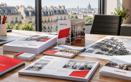 Vue rapprochée de documents d'entreprise et supports publicitaires conçus par COPYTOP au sein d'une agence parisienne.