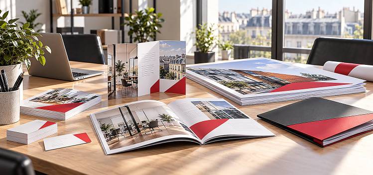 Des brochures, cartes, dossiers et supports imprimés COPYTOP présentés dans un environnement de travail avec Paris en arrière-plan.