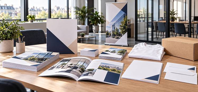 Ensemble de supports COPYTOP comprenant brochures, cartes, textile, mug et packaging pour illustrer l’accompagnement global d’une entreprise.