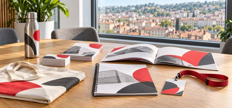 Cartes de visite, brochures, dossier relié, badge, sac et gourde personnalisés dans un bureau avec vue sur les toits de Lyon.