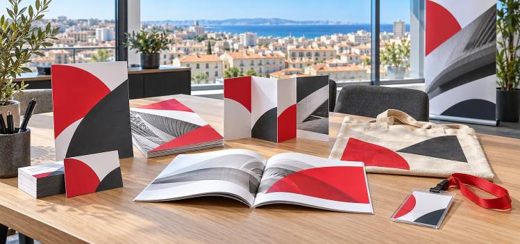 Brochures, cartes, dépliant, badge, roll-up et sac personnalisé dans un bureau lumineux avec vue sur les toits de Marseille.