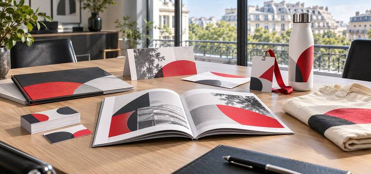 Cartes, brochure, dossiers de présentation, invitation, badge, sac et gourde personnalisés dans un bureau élégant à Neuilly-sur-Seine.