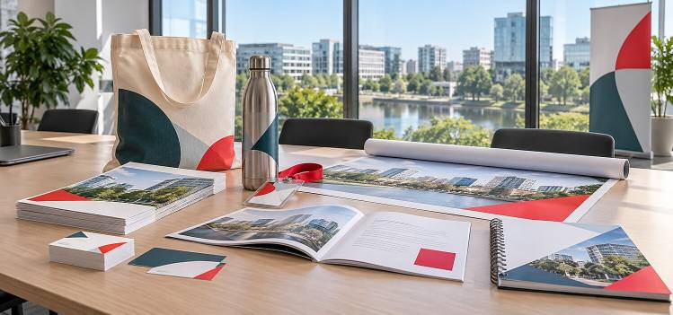 Cartes de visite, brochures, rapport relié, affiche, badge et gourde personnalisée dans un bureau moderne à Créteil.