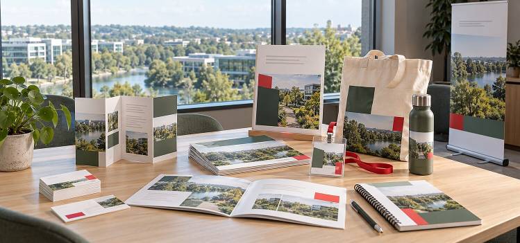 Cartes, dépliants, brochures, dossier relié, badge et sac personnalisé dans un bureau donnant sur un parc d’activités de Cergy-Pontoise.