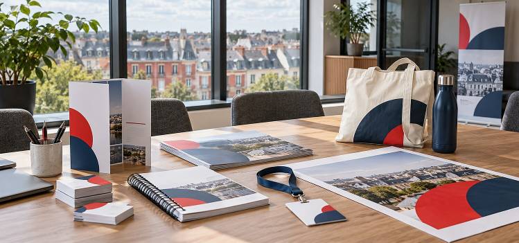 Cartes, brochures, dossier relié, badge, sac et gourde personnalisés dans un bureau avec vue sur les toits d’ardoise de Rennes.