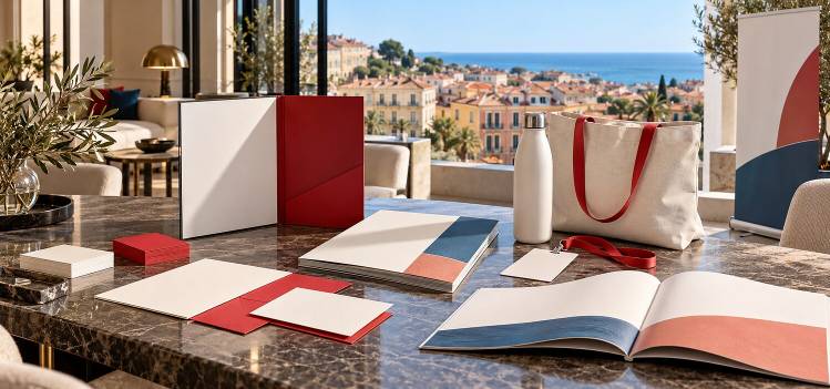 Flyers, cartes, brochures, dossier relié, badge et gourde personnalisée dans un bureau lumineux avec vue sur les toits de Montpellier.