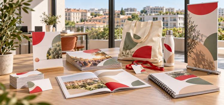 Brochures, cartes, dossier de présentation, badge, tote bag et gourde dans un bureau élégant avec vue sur les toits niçois et la Méditerranée.
