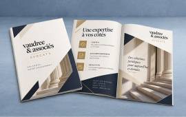 Brochure professionnelle personnalisée, ouverte et fermée, présentant les expertises et les services d'un cabinet d'avocats.