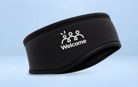 Bandeau polaire noir personnalisé avec le logo blanc de l'entreprise, idéal comme cadeau collaborateur.