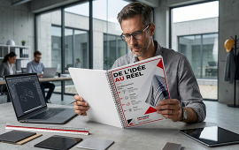 Mode d’emploi imprimé et relié consulté dans un environnement professionnel, illustrant un document technique personnalisé pour l’utilisation d’un produit. Impression de haute qualité avec reliure métallique, dos en papier cartonné blanc et finitions professionnelles.