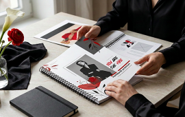 Créatrice de mode feuilletant un lookbook imprimé personnalisé présentant une collection de vêtements. Support de communication haut de gamme avec impression couleur haute définition, reliure professionnelle et finitions premium pour valoriser une marque, une collection ou un portfolio.