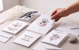 Carte de vœux personnalisée imprimée sur papier premium, idéale pour adresser vos vœux de fin d'année à vos clients, collaborateurs et partenaires. Impression de cartes de vœux professionnelles avec finitions de qualité.
