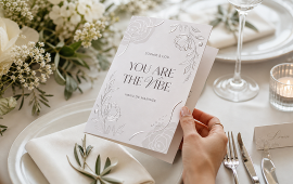 Menu de mariage personnalisé imprimé sur papier de qualité, conçu pour présenter le repas aux invités et s’harmoniser avec la décoration de table et le thème de la réception.