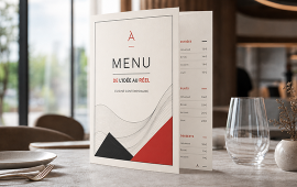 Menu de restaurant personnalisé imprimé sur papier, avec différents formats et finitions pour présenter les plats, boissons et spécialités d’un restaurant à ses clients.